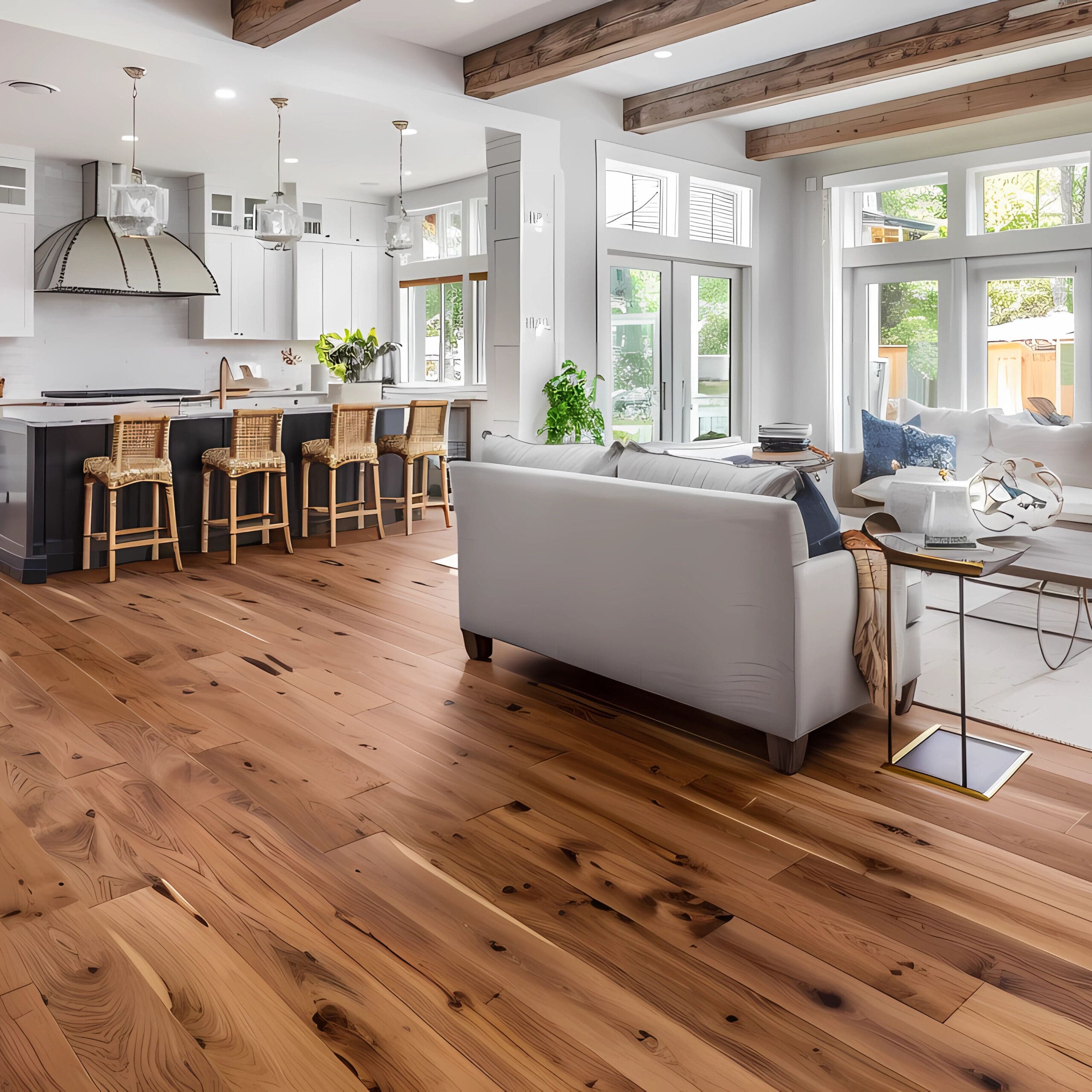 Open-concept living space with wooden floors and exposed ceiling beams. Features a modern kitchen with a large island and wicker bar stools, adjacent to a cozy seating area with a white sofa and large windows allowing natural light in.