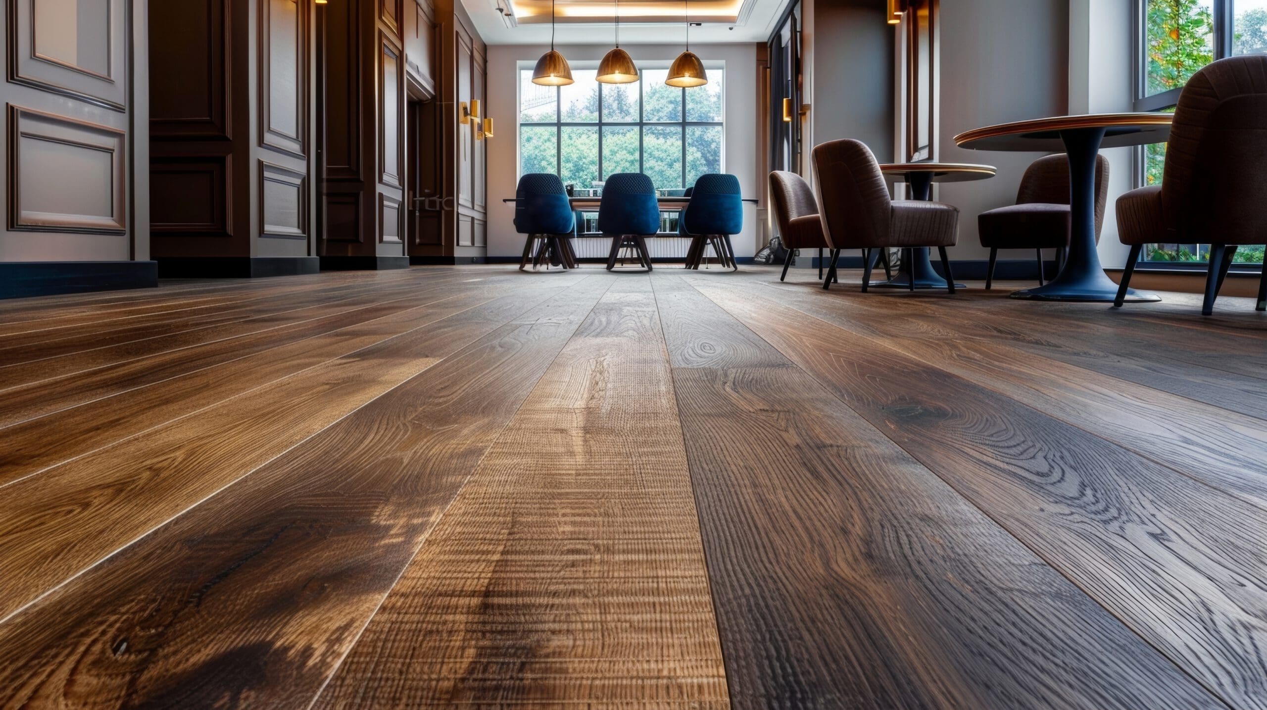A modern dining area with large windows, wooden flooring, and dark wood-paneled walls. The room features a set of blue upholstered chairs around a long table, and several round tables with brown chairs, illuminated by pendant lights.
