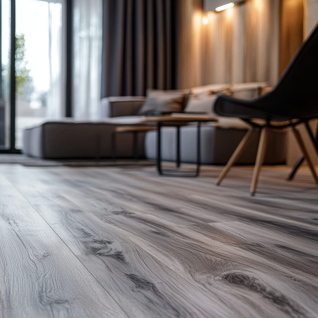 A modern living room with gray wood flooring in focus. The background features a gray sectional sofa, a small round table, a black chair, and large windows with curtains letting in natural light.