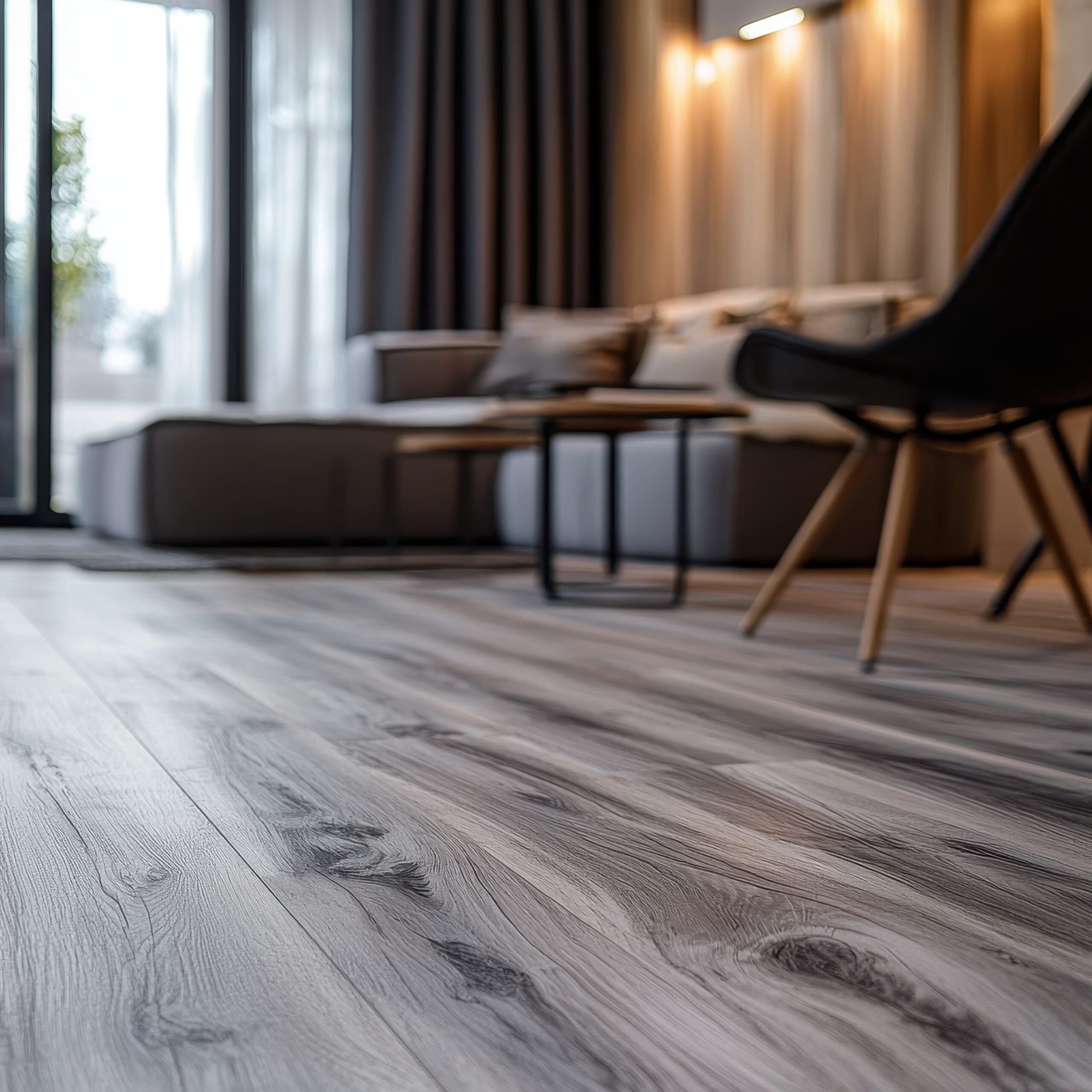 A modern living room with gray wood flooring in focus. The background features a gray sectional sofa, a small round table, a black chair, and large windows with curtains letting in natural light.
